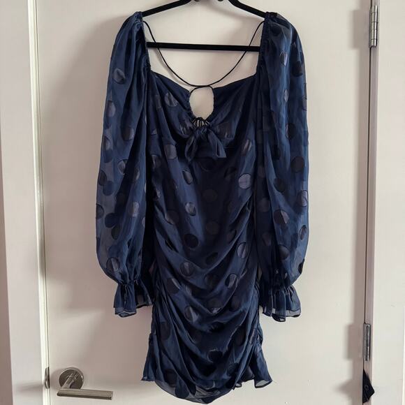 New For Love & Lemons Lula Mini Dress Blue Polka Dot Ruched Cut Out Zip Sz M - Picture 5 of 12